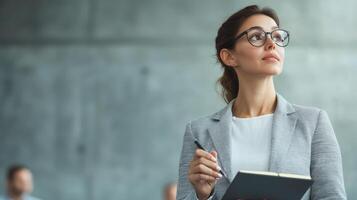 Female professional attending seminar. A thoughtful woman with glasses takes notes in a modern workspace. photo