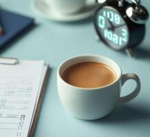 Management efficiency and goal-setting concept. A cozy coffee scene with a cup, clock, and clipboard on a stylish desk. photo