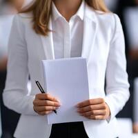 Female professional attending seminar. Businesswoman holding a blank notepad and pen in a professional setting. photo