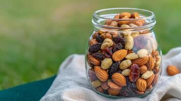 Nut trail mix with dried fruits concept. A jar filled with mixed nuts and dried fruits on a fabric surface outdoors. photo