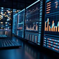 Startups technology competition concept. High-tech computer screens displaying data analytics and financial graphs in a modern office setting. photo