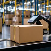e-commerce checkout process concept Cardboard box on conveyor belt in modern warehouse setting with packing equipment. photo