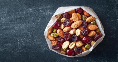 Nut trail mix with dried fruits concept. A colorful mix of nuts and dried fruits in a paper bag on a textured surface. photo