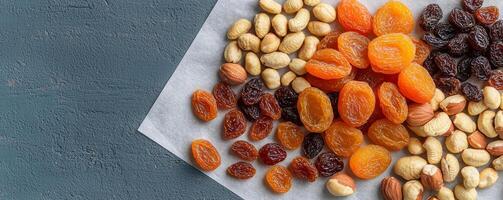 Nut trail mix with dried fruits concept. A colorful assortment of dried fruits and nuts on a textured surface. photo