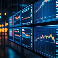 Startups technology competition concept. Digital screens displaying financial market data and stock trends in a modern environment. photo