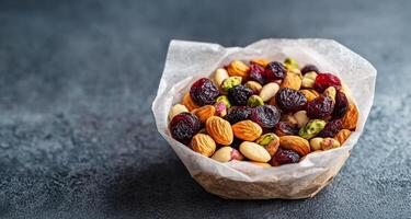 A bowl of mixed nuts and dried fruits on a textured surface photo