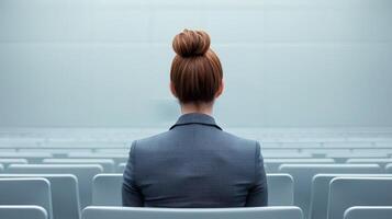 Female professional attending seminar. Professional woman seated, facing empty auditorium, showcasing solitude and contemplation. photo