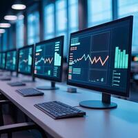 Sustainable business green energy concept. Multiple computer screens displaying data and graphs in a modern workspace. photo