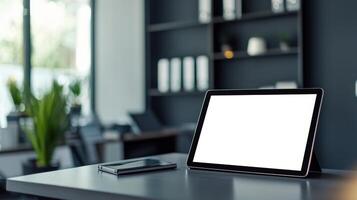 Management efficiency and goal-setting concept. Modern workspace featuring a tablet and notebook on a sleek desk with greenery in the background. photo