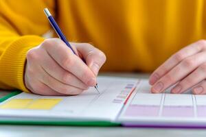 Management efficiency and goal-setting concept. Person writing in planner with a pen, wearing a yellow sweater, focused on organization tasks. photo