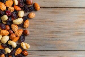 Nut trail mix with dried fruits concept. Mixed nuts and dried fruits arranged on a wooden surface. photo