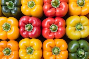 Bell peppers in grocery market display. Vibrant arrangement of colorful bell peppers in a grid pattern. photo
