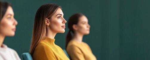 Female professional attending seminar. Three women seated in profile, deep in thought against a green background. photo