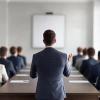 Teamwork and leadership with goal-setting concept. Businessman presenting to an audience in a modern conference room setting. photo