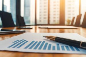 investment business clean background. Business meeting setup with graphs and pen on a wooden table, capturing a professional atmosphere. photo
