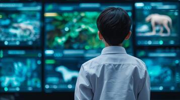 Biodiversity wildlife conservation program concept. A child observes multiple screens displaying animals and nature images. photo