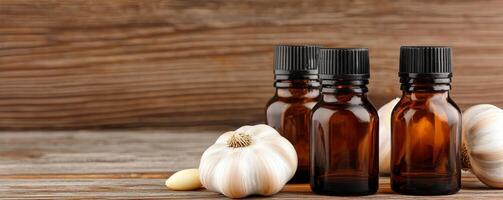 Garlic medicine and herbal remedy concept. Brown glass bottles with garlic cloves on a wooden surface, suggesting natural remedies or essential oils. photo