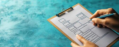 Productivity workflow execution concept. A person sketching a flowchart on a clipboard with a blue textured background. photo