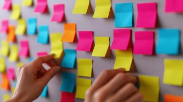 Productivity workflow execution concept. Colorful sticky notes on a wall with a person's hand adding one. photo