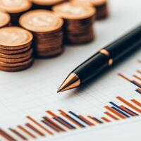 investment business clean background. Financial chart with a pen and coins, representing investment and savings concepts. photo