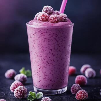 Berry smoothie splash effect concept. Frosted raspberry smoothie in a glass with a pink straw and scattered berries around it. photo