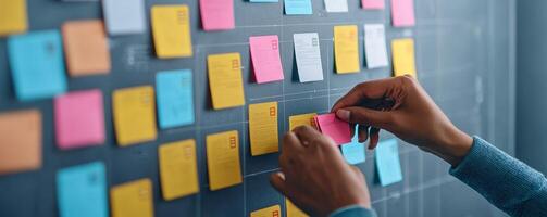 Productivity workflow execution concept. Hands placing colorful sticky notes on a wall for organization or brainstorming. photo