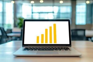 Productivity workflow execution concept. Laptop displaying a rising bar graph on a wooden desk in a modern office environment. photo