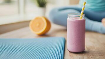 Wellness positivity and productivity concept. Healthy smoothie on a yoga mat with citrus fruit in the background. photo