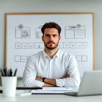 Productivity workflow execution concept. Professional man sitting at a desk in a modern office, focused and confident. photo