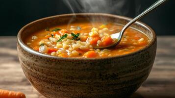 Carrot soup in ceramic bowl concept. Warm, hearty vegetable soup in a rustic bowl with steam rising. photo