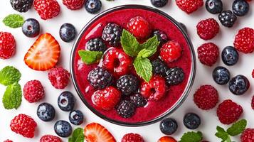 Berry smoothie splash effect concept. Vibrant mixed berries in a bowl surrounded by fresh fruits and mint leaves. photo