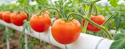 Tomato growing in hydroponic farm concept. Ripe tomatoes growing in a greenhouse on a support system. photo