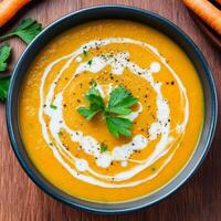 Carrot soup in ceramic bowl concept. Creamy carrot soup garnished with parsley and drizzled with cream photo