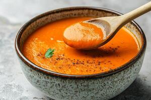 Carrot soup in ceramic bowl concept. Creamy orange soup in a bowl with a wooden spoon. photo