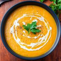 Carrot soup in ceramic bowl concept. Creamy soup topped with herbs and drizzled cream swirl. photo