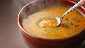 Carrot soup in ceramic bowl concept. A steaming bowl of delicious vegetable soup with a silver spoon. photo