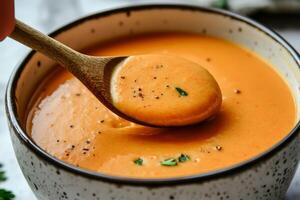 Carrot soup in ceramic bowl concept. Creamy soup served with a spoon and garnished with herbs. photo