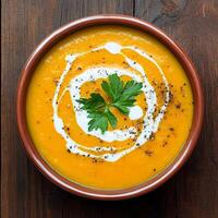 Carrot soup in ceramic bowl concept. Creamy orange soup garnished with herbs in a rustic bowl. photo