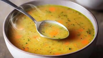 Carrot soup in ceramic bowl concept. Warm bowl of soup with steam and herbs floating on top. photo