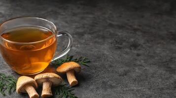 Mushroom tea in glass cup concept. Warm tea in a glass cup with mushrooms on a textured surface. photo