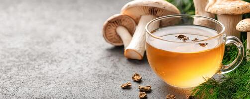 Mushroom tea in glass cup concept. Glass of tea with mushrooms on a textured surface. photo