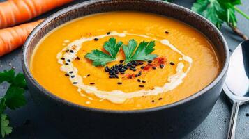 Carrot soup in ceramic bowl concept. Creamy carrot soup garnished with herbs and spices in a dark bowl. photo
