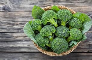 Raw broccoli in kitchen setting concept. Fresh broccoli in a woven basket on a rustic wooden surface. photo