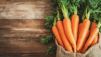 Carrots in eco-friendly market bag concept. Fresh carrots in a burlap sack on a wooden background. photo
