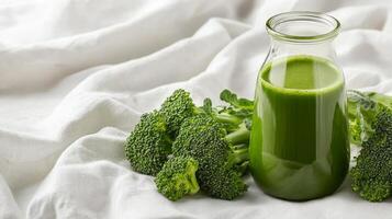 Broccoli juice in glass bottle concept. Green smoothie in a jar with fresh broccoli on a white surface. photo