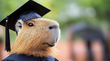 A capybara wearing a graduation cap poses proudly, showcasing a whimsical and humorous take on graduation celebrations. photo