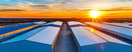 A scenic sunset over industrial buildings, showcasing a beautiful blend of colors in the sky and reflecting off the metallic roofs. photo