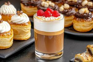 A delicious dessert spread featuring a creamy layered drink topped with raspberries and a selection of pastries. photo