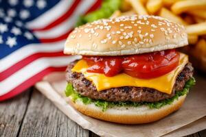 A delicious cheeseburger with lettuce, tomato, and ketchup, served alongside golden fries, set against an American flag backdrop. photo