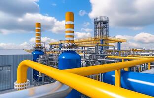 A detailed view of industrial structures featuring bright yellow and blue piping, with smokestacks against a cloudy sky. photo
